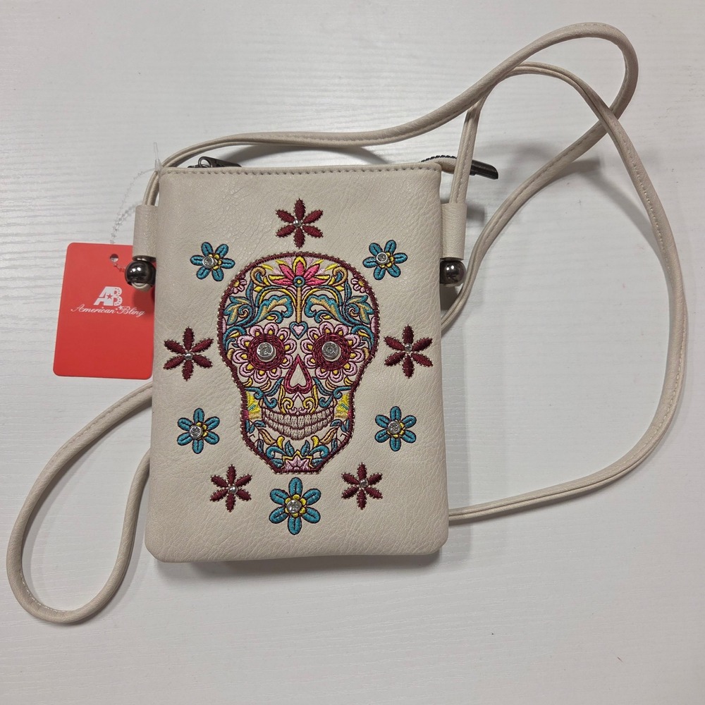 American Bling Sugar Skull Embroidered Crossbody Phone Bag Cream Vegan Leather